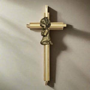 Praying Girl Oak & Brass Baby Cross - 7" H