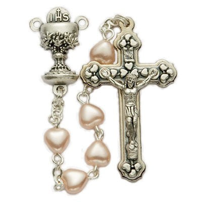 First Communion Pink Pearl Heart Rosary with Chalice Centerpiece