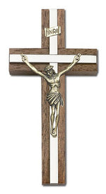Classic Crucifix Wall Cross in Walnut and Metal Inlay 4"