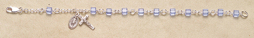 Rosary Bracelet - Sterling Silver with Light Sapphire Swarovski Cube