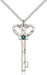 Small Key with Double Heart Pendant in Sterling Silver and Birthstone