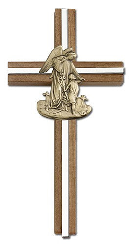 Guardian Angel 6" Wall Cross in Walnut Wood and Metal Inlay