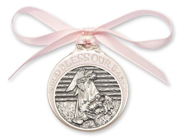 Pink Ribbon Angel in Manger Crib Medal in Pewter for Girls