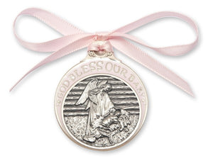Pink Ribbon Angel in Manger Crib Medal in Pewter for Girls