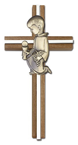 First Communion Boy Wall Cross in Walnut and Metal Inlay - 6 inch