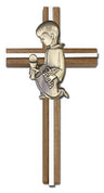 First Communion Boy Wall Cross in Walnut and Metal Inlay - 6 inch