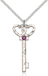Small Key with Double Heart Pendant in Sterling Silver and Birthstone