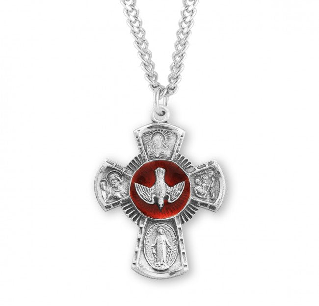 Red Enamel 4 Way Cross Sterling Silver Pendant for Men