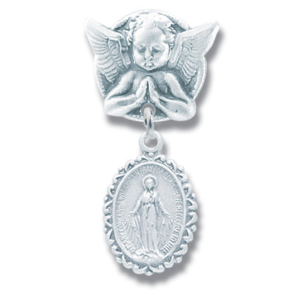 Baby Pin Guardian Angel and Miraculous Medal Sterling Silver