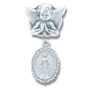 Baby Pin Guardian Angel and Miraculous Medal Sterling Silver