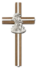 Guardian Angel 6" Wall Cross in Walnut Wood and Metal Inlay