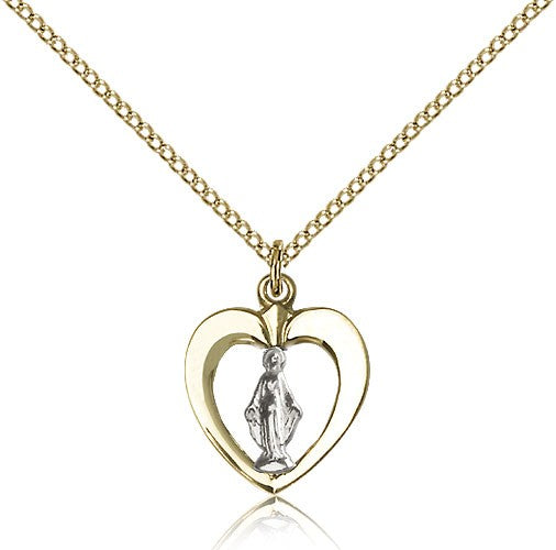 Two-Tone Open-Cut Heart Miraculous Medal Necklace