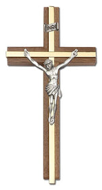 Classic Crucifix Wall Cross in Walnut and Metal Inlay 6"