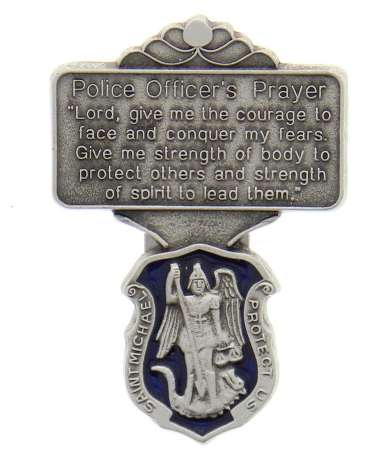St. Michael Police Officer Prayer Visor Clip, Blue Enamel, Pewter - 2 1/4'H