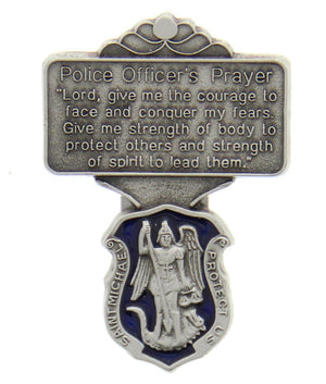 St. Michael Police Officer Prayer Visor Clip, Blue Enamel, Pewter - 2 1/4'H