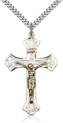 Men's High Polished Crucifix Necklace Two-Tone