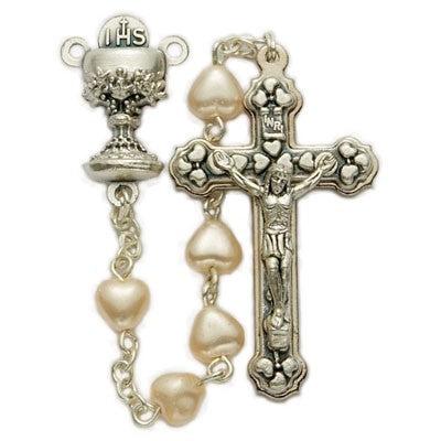 First Communion White Pearl Heart Rosary with Chalice Centerpiece