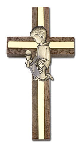 First Communion Boy Wall Cross in Walnut and Metal Inlay 4 inch