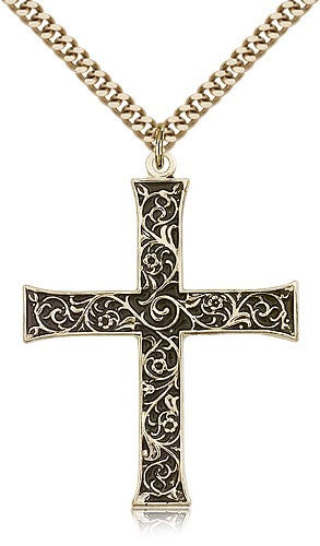 Antique Finish with Scroll Accent Men's Cross Pendant