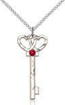 Small Key with Double Heart Pendant in Sterling Silver and Birthstone