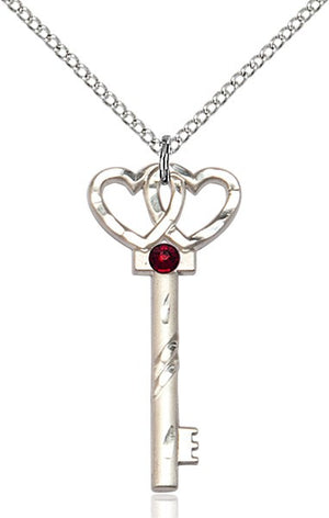 Small Key with Double Heart Pendant in Sterling Silver and Birthstone