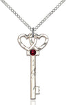 Small Key with Double Heart Pendant in Sterling Silver and Birthstone