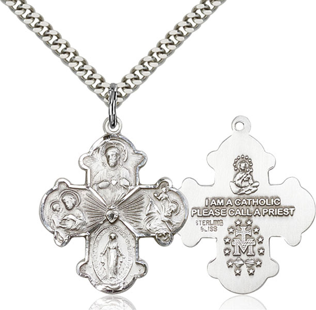 Wide Tip Four Way Medal with Radiant Heart Center for Men