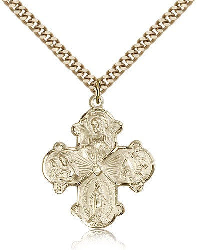 Wide Tip Four Way Medal with Radiant Heart Center for Men