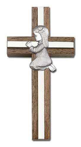 Praying Girl Cross in Walnut 4" with Metal Inlay