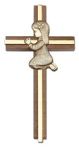 Praying Girl Cross in Walnut 6" with Metal Inlay