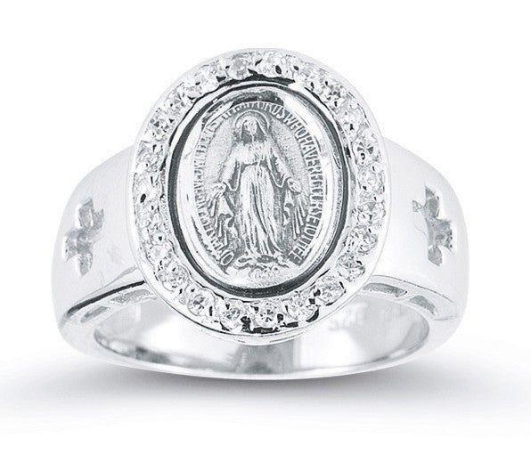 Crystal Miraculous Medal Ring Sterling Silver for Women