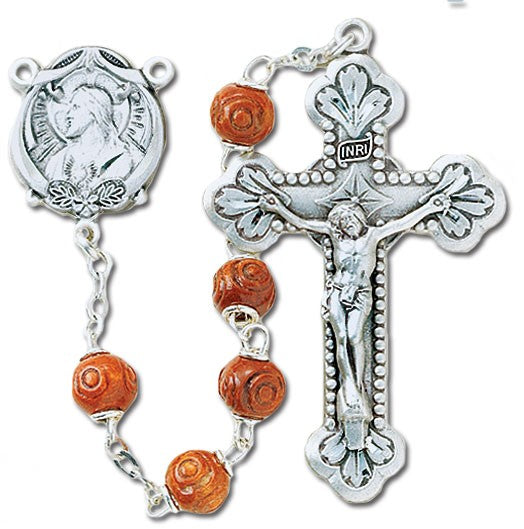 Rosary with 6mm Brown Carved Wood Beads and Sterling Silver for Men