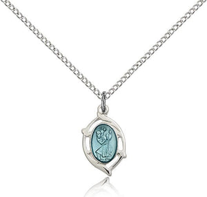 Open-Cut Oval with Blue Enamel Women's St. Christopher Necklace