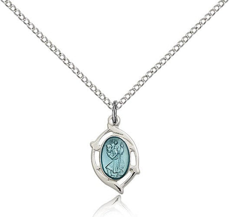 Open-Cut Oval with Blue Enamel Women's St. Christopher Necklace