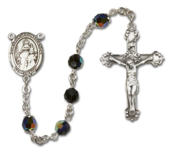 A sterling silver Our Lady of Consolation Rosary featuring a fancy crucifix and beads with a multicolor reflective finish.