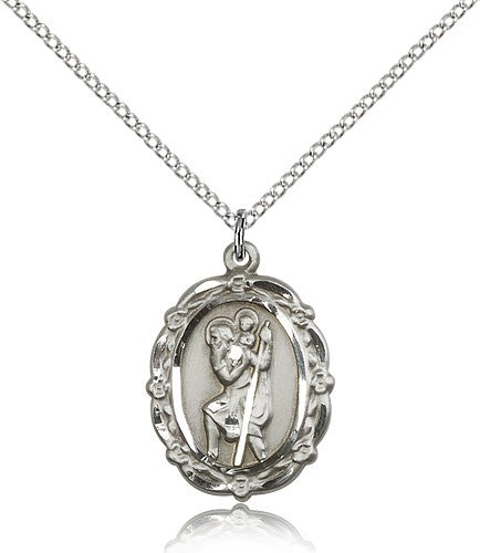 Floral Border Oval St. Christopher Necklace