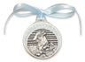 Blue Ribbon Angel in Manger Crib Medal in Pewter for Boys