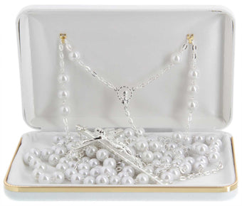 Pearl lasso wedding rosary with silver tone accents