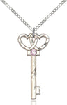 Small Key with Double Heart Pendant in Sterling Silver and Birthstone