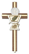 First Communion Chalice and Holy Host Wall Cross in Walnut Wood and Metal Inlay - 6 inch
