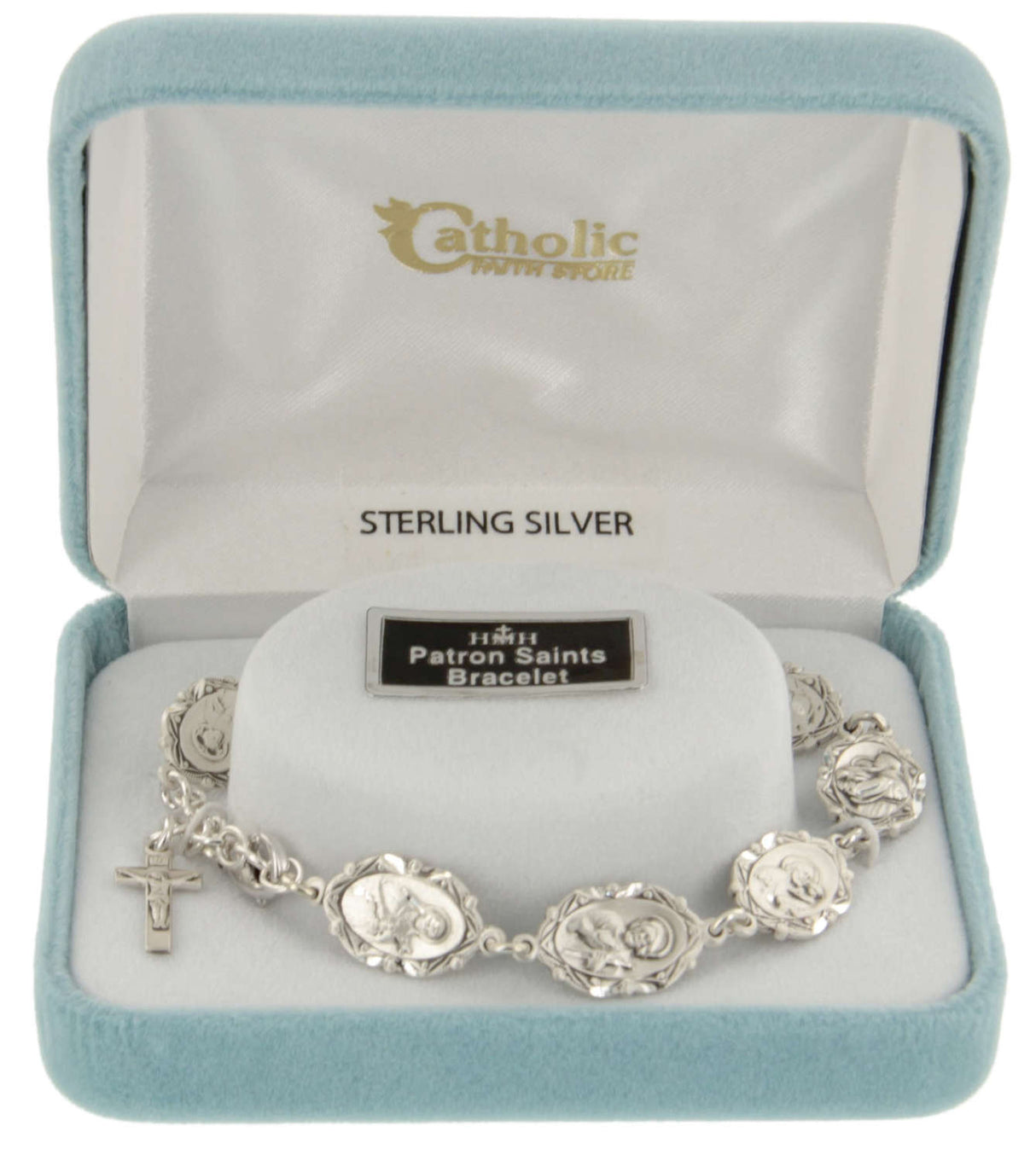 Eight Saints Sterling Silver Charm Bracelet with Crucifix