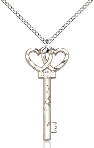 Small Key with Double Heart Pendant in Sterling Silver and Birthstone