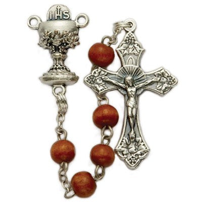 First Communion Brown Wood Rosary with Chalice Centerpiece