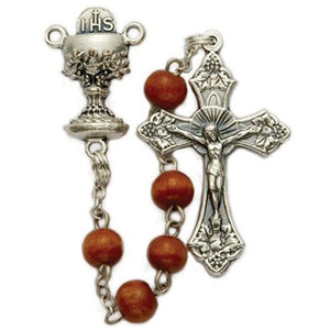 First Communion Brown Wood Rosary with Chalice Centerpiece