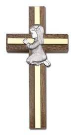 Praying Girl Cross in Walnut 4" with Metal Inlay