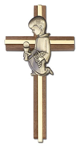 First Communion Boy Wall Cross in Walnut and Metal Inlay - 6 inch