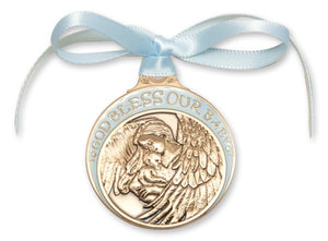 Blue Ribbon Guardian Angel Crib Medal in Brass for Boys