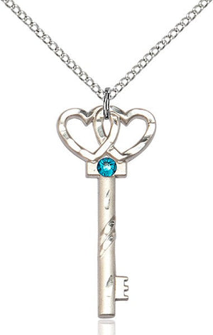 Small Key with Double Heart Pendant in Sterling Silver and Birthstone