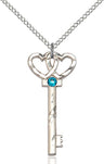 Small Key with Double Heart Pendant in Sterling Silver and Birthstone