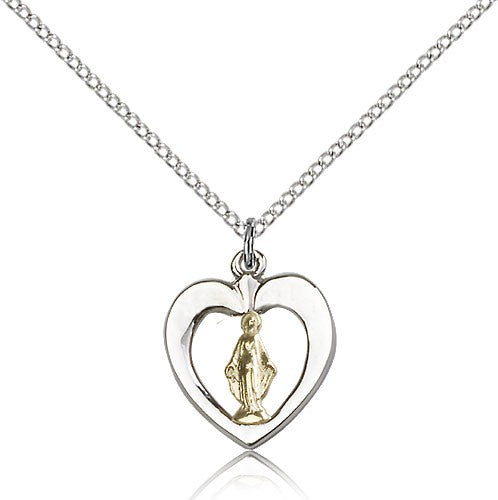 Two-Tone Open-Cut Heart Miraculous Medal Necklace